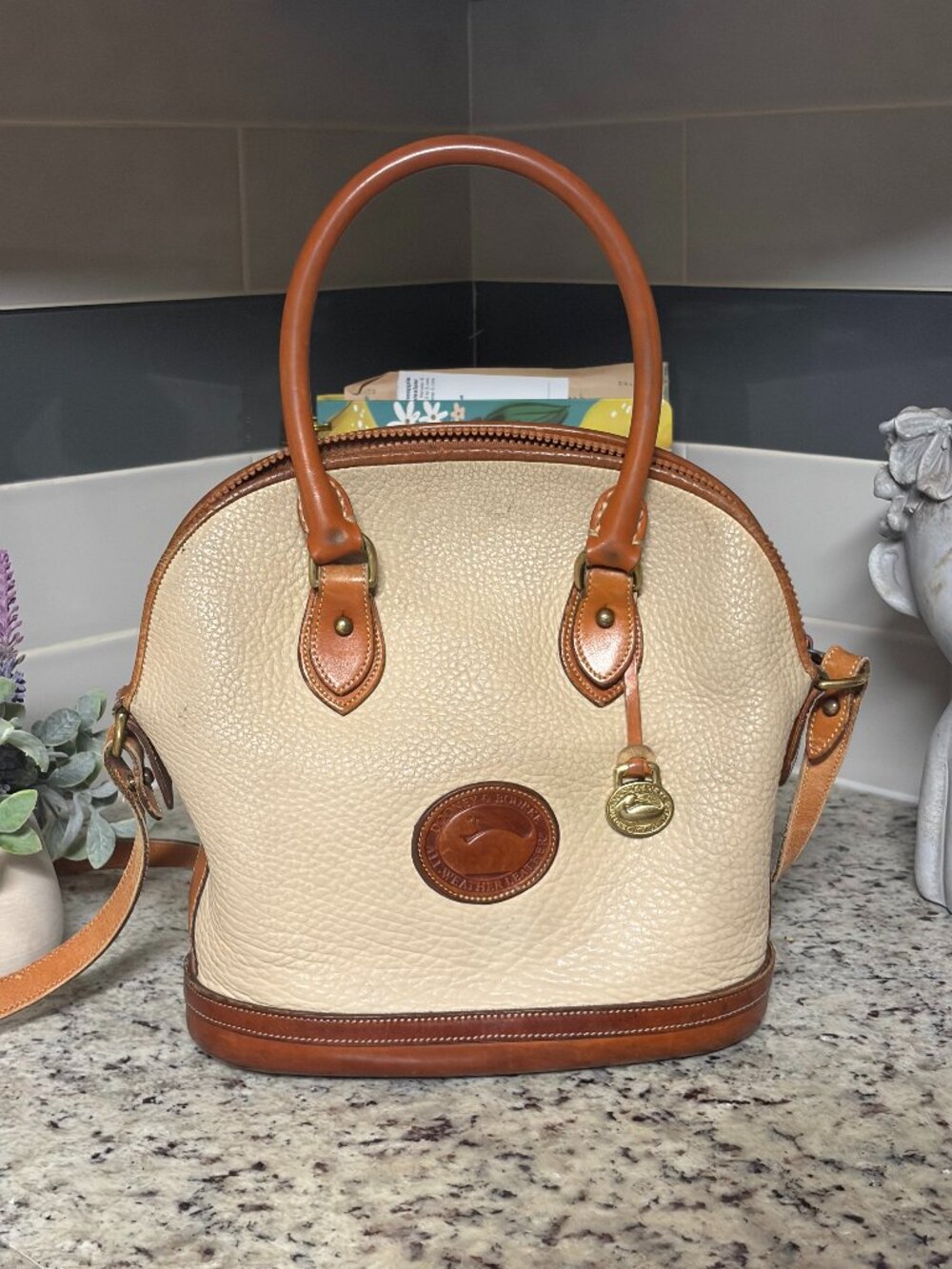 Vintage Dooney & Bourke AWL Bone & British Tan Norfolk Domed Satchel